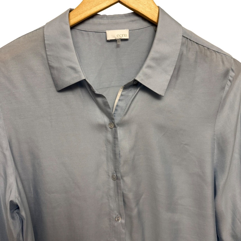 Ecru Womens Large Dusty Blue Silk Blend Long Sleeve Button Down Blouse - Picture 2 of 8